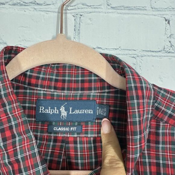 Ralph Lauren Christmas Shirt Men 17.5  34-35 Plaid Pony Red Green Classic Preppy - Picture 4 of 10